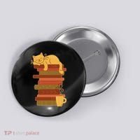 Cute Sleepy Cat On Book Stack And Coffee Tea Button thumb 0