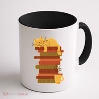 Cute Sleepy Cat On Book Stack And Coffee Tea Coffee Mug thumb 1