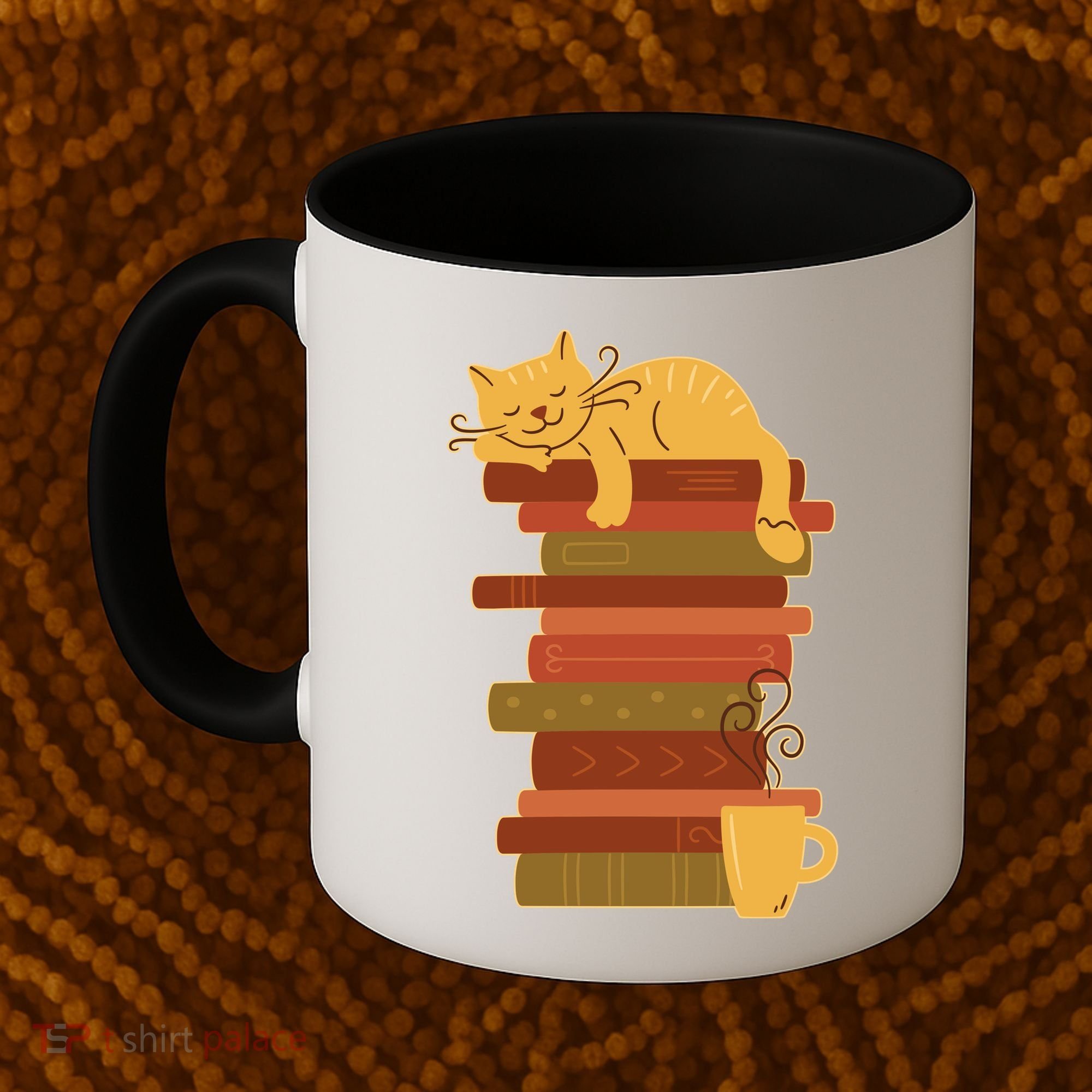 Cute Sleepy Cat On Book Stack And Coffee Tea Coffee Mug
