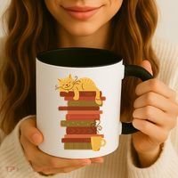 Cute Sleepy Cat On Book Stack And Coffee Tea Coffee Mug thumb 3