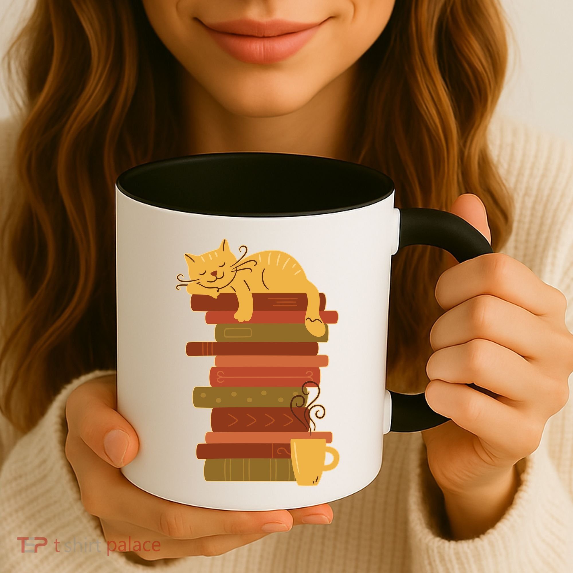 Cute Sleepy Cat On Book Stack And Coffee Tea Coffee Mug