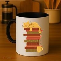 Cute Sleepy Cat On Book Stack And Coffee Tea Coffee Mug thumb 4