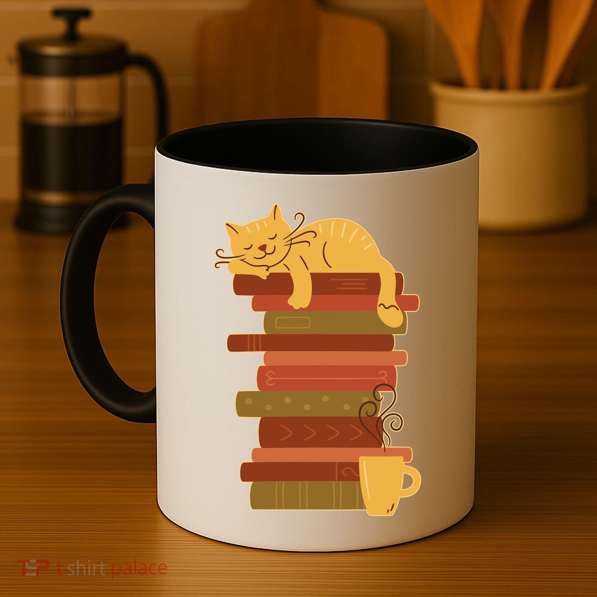 Cute Sleepy Cat On Book Stack And Coffee Tea Coffee Mug