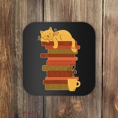 Cute Sleepy Cat On Book Stack And Coffee Tea Coaster