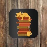 Cute Sleepy Cat On Book Stack And Coffee Tea Coaster thumb 0
