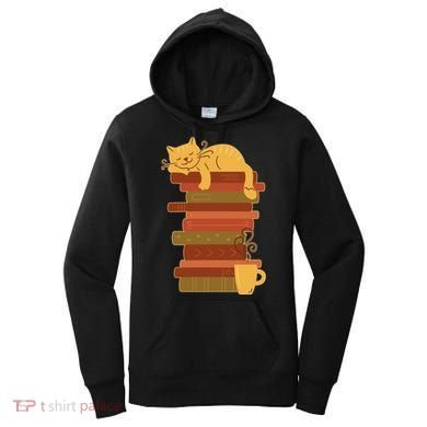 Cute Sleepy Cat On Book Stack And Coffee Tea Women's Hoodie