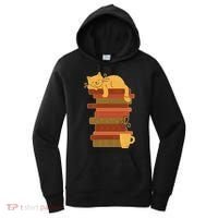 Cute Sleepy Cat On Book Stack And Coffee Tea Women's Hoodie thumb 0