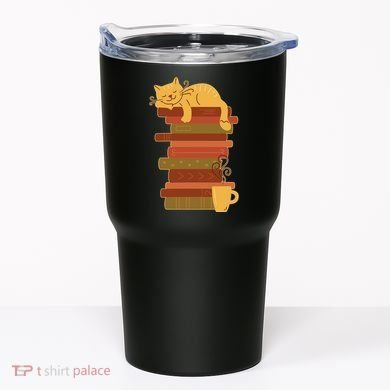 Cute Sleepy Cat On Book Stack And Coffee Tea Tumbler