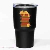 Cute Sleepy Cat On Book Stack And Coffee Tea Tumbler thumb 0