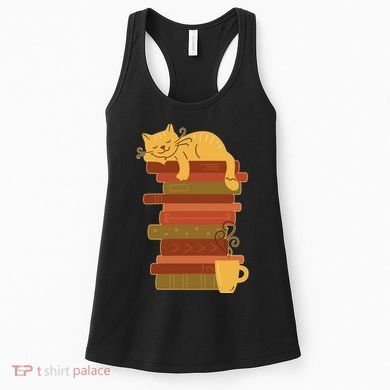 Cute Sleepy Cat On Book Stack And Coffee Tea Women's Tank Top