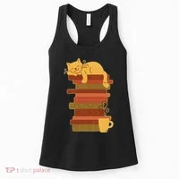 Cute Sleepy Cat On Book Stack And Coffee Tea Women's Tank Top thumb 0