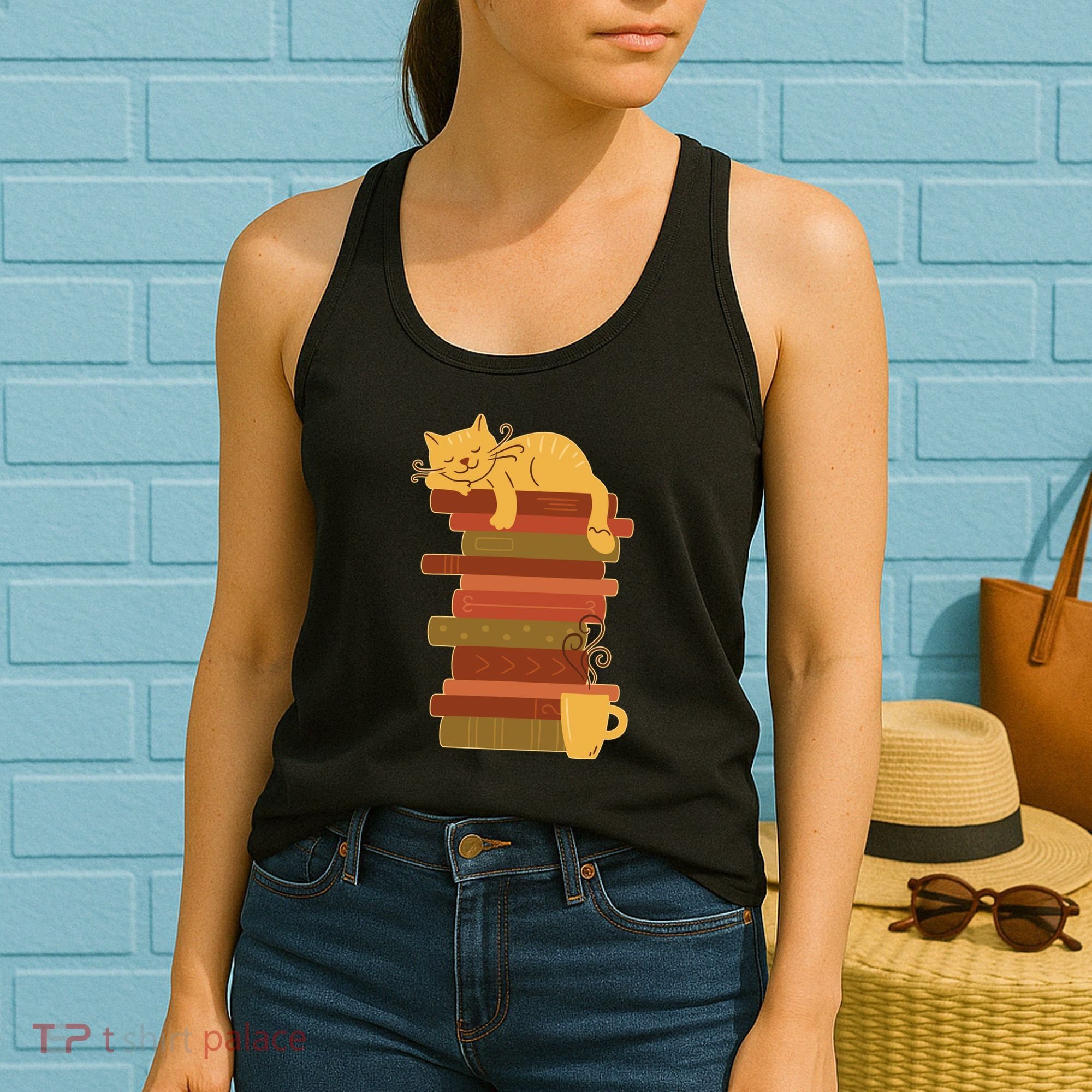 Cute Sleepy Cat On Book Stack And Coffee Tea Women's Tank Top