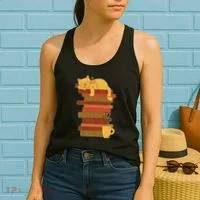 Cute Sleepy Cat On Book Stack And Coffee Tea Women's Tank Top thumb 2