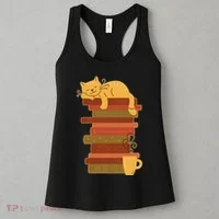 Cute Sleepy Cat On Book Stack And Coffee Tea Women's Tank Top thumb 3