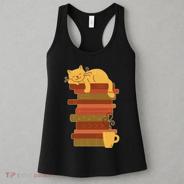 Cute Sleepy Cat On Book Stack And Coffee Tea Women's Tank Top