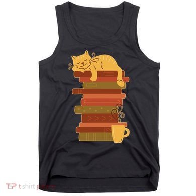 Cute Sleepy Cat On Book Stack And Coffee Tea Tank Top