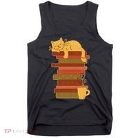 Cute Sleepy Cat On Book Stack And Coffee Tea Tank Top thumb 0
