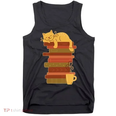 Cute Sleepy Cat On Book Stack And Coffee Tea Tank Top
