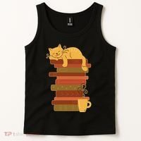 Cute Sleepy Cat On Book Stack And Coffee Tea Tank Top thumb 2
