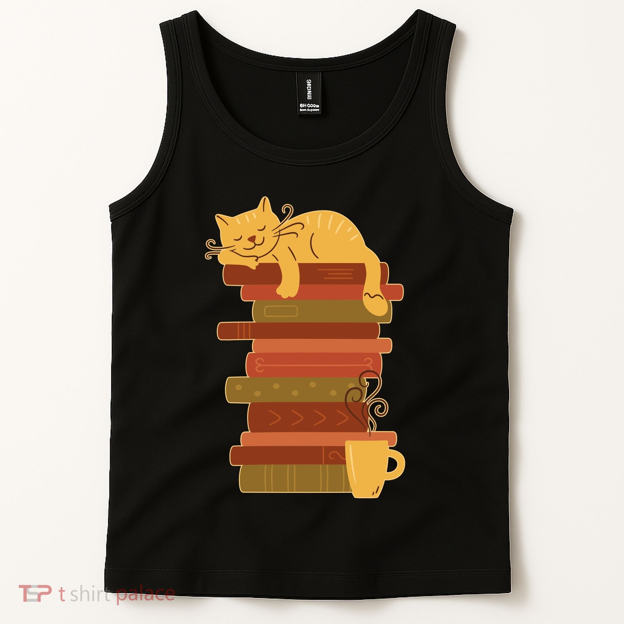 Cute Sleepy Cat On Book Stack And Coffee Tea Tank Top