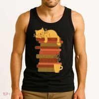 Cute Sleepy Cat On Book Stack And Coffee Tea Tank Top thumb 3