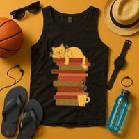 Cute Sleepy Cat On Book Stack And Coffee Tea Tank Top thumb 4