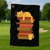 Cute Sleepy Cat On Book Stack And Coffee Tea Golf Towel thumb 1