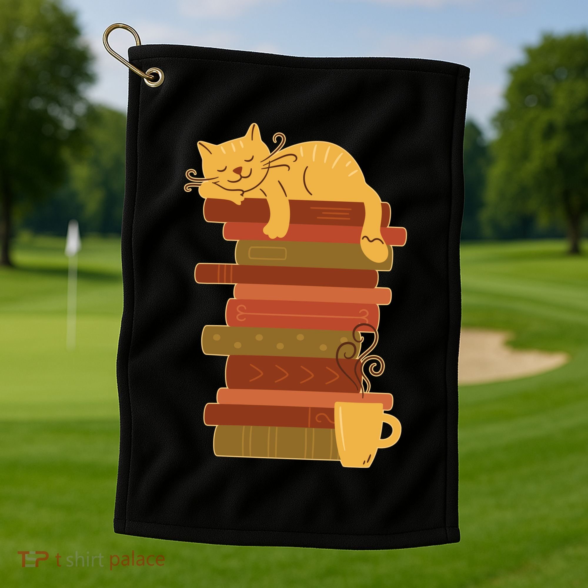 Cute Sleepy Cat On Book Stack And Coffee Tea Golf Towel