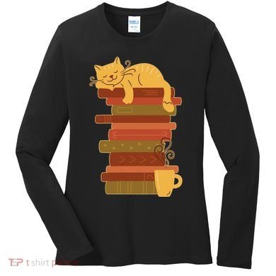 Cute Sleepy Cat On Book Stack And Coffee Tea Women's Long Sleeve Shirt