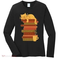 Cute Sleepy Cat On Book Stack And Coffee Tea Women's Long Sleeve Shirt thumb 0