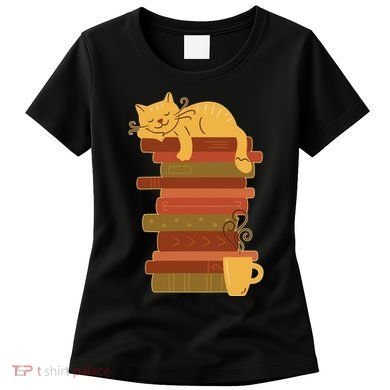Cute Sleepy Cat On Book Stack And Coffee Tea Women's T-Shirt