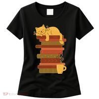 Cute Sleepy Cat On Book Stack And Coffee Tea Women's T-Shirt thumb 0