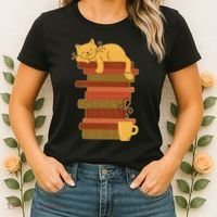 Cute Sleepy Cat On Book Stack And Coffee Tea Women's T-Shirt thumb 2