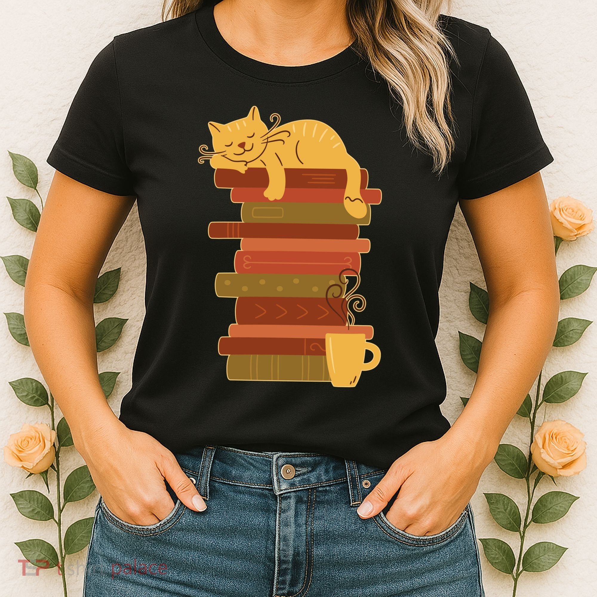 Cute Sleepy Cat On Book Stack And Coffee Tea Women's T-Shirt