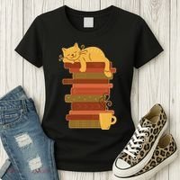Cute Sleepy Cat On Book Stack And Coffee Tea Women's T-Shirt thumb 3