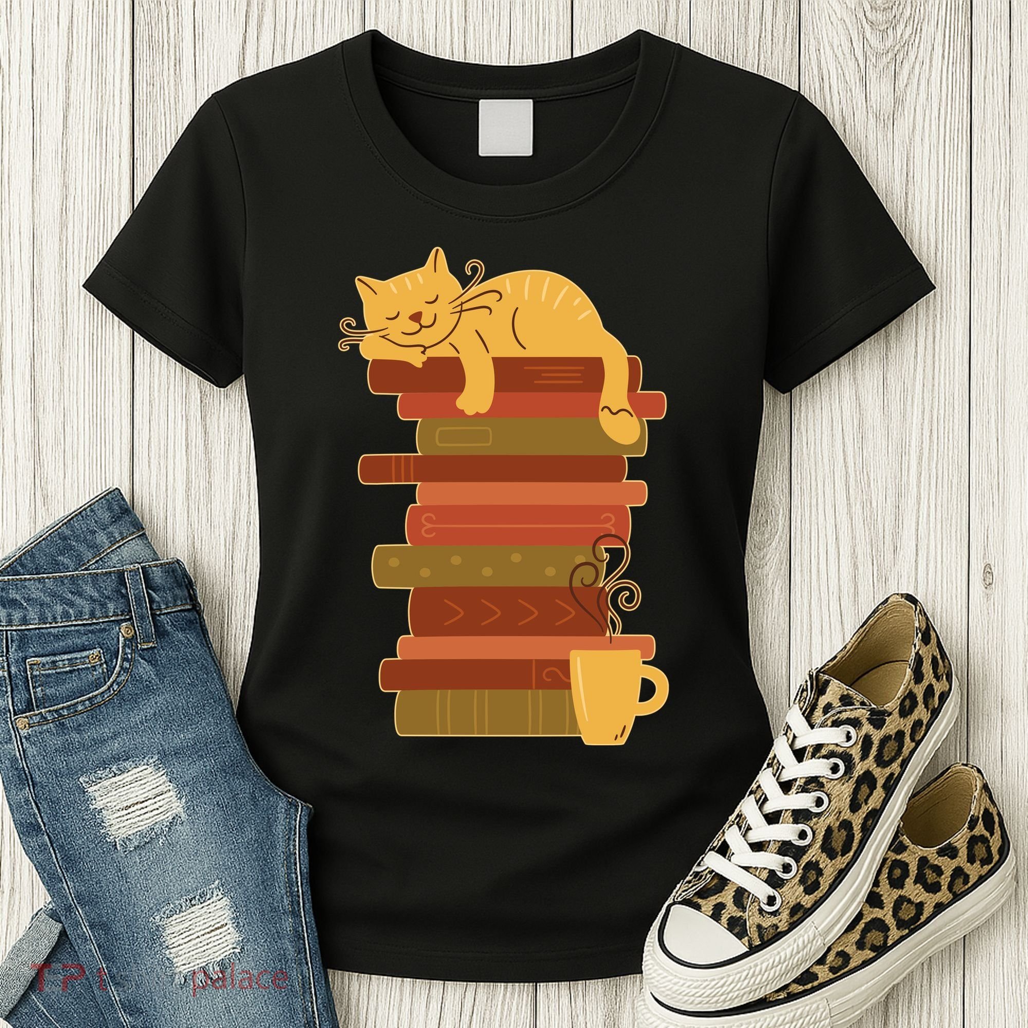 Cute Sleepy Cat On Book Stack And Coffee Tea Women's T-Shirt