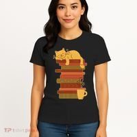 Cute Sleepy Cat On Book Stack And Coffee Tea Women's T-Shirt thumb 4