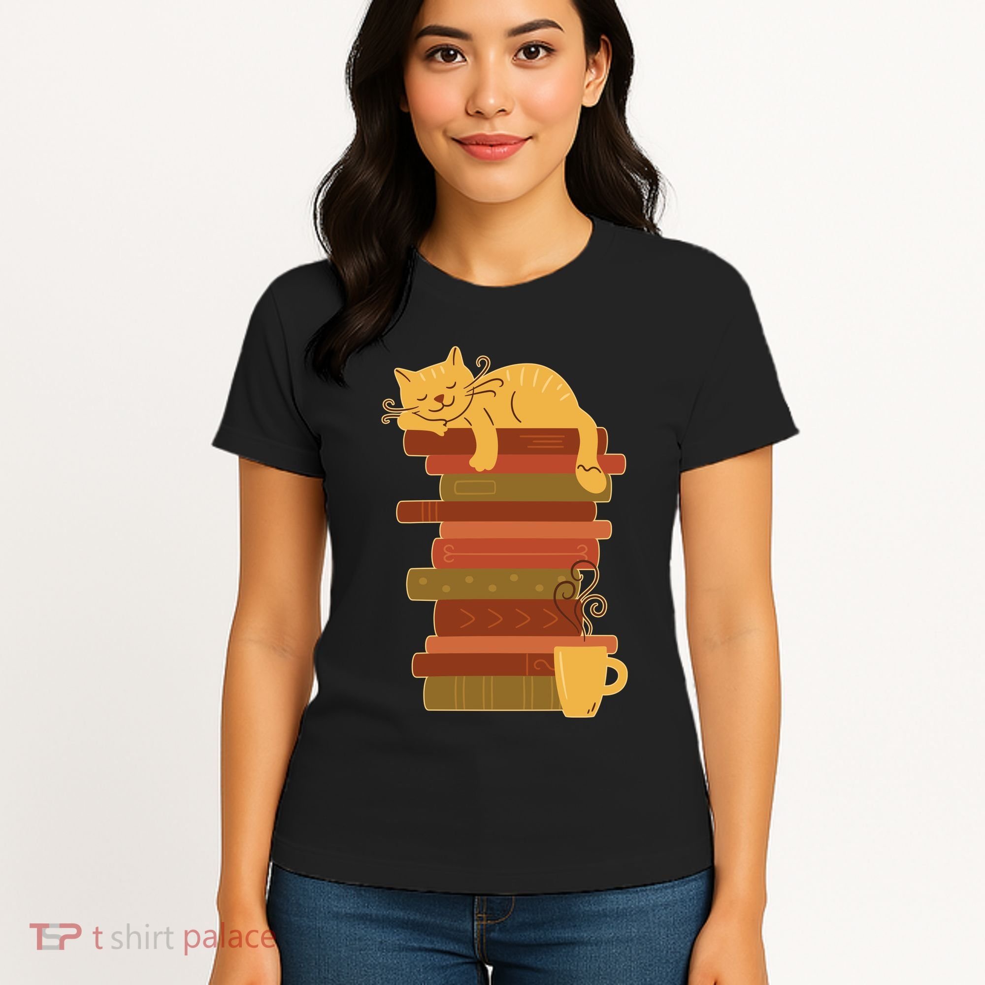 Cute Sleepy Cat On Book Stack And Coffee Tea Women's T-Shirt
