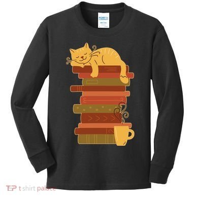 Cute Sleepy Cat On Book Stack And Coffee Tea Kids Long Sleeve Shirt