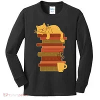 Cute Sleepy Cat On Book Stack And Coffee Tea Kids Long Sleeve Shirt thumb 0