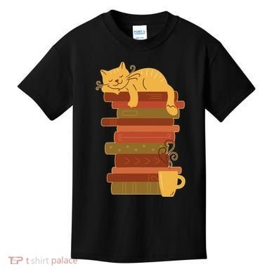Cute Sleepy Cat On Book Stack And Coffee Tea Kids T-Shirt