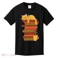 Cute Sleepy Cat On Book Stack And Coffee Tea Kids T-Shirt thumb 0