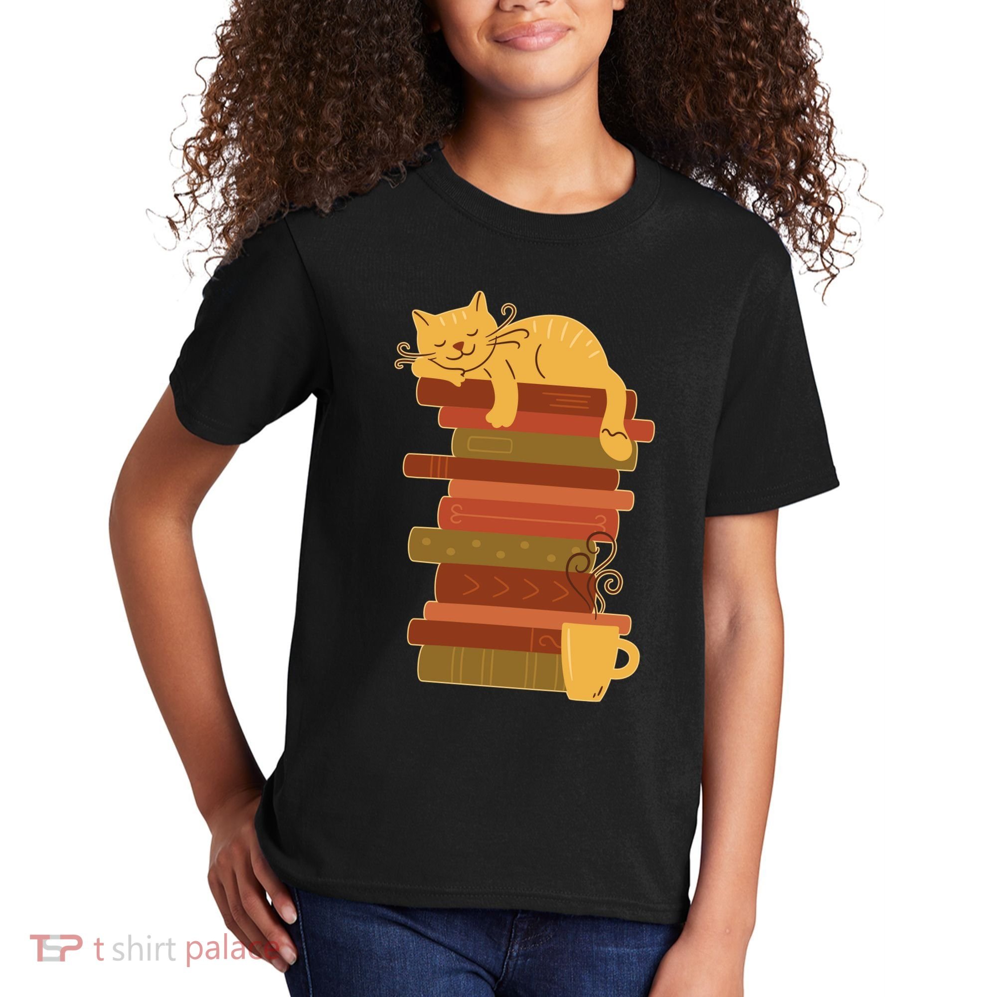 Cute Sleepy Cat On Book Stack And Coffee Tea Kids T-Shirt