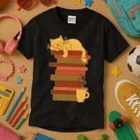 Cute Sleepy Cat On Book Stack And Coffee Tea Kids T-Shirt thumb 3