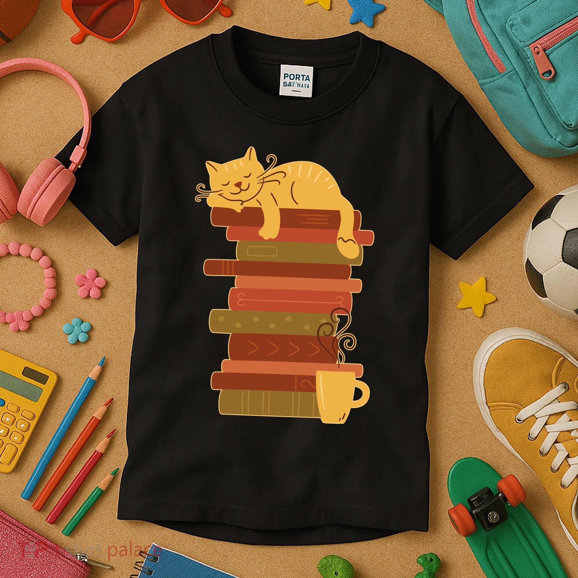 Cute Sleepy Cat On Book Stack And Coffee Tea Kids T-Shirt