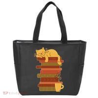 Cute Sleepy Cat On Book Stack And Coffee Tea Tote Bag thumb 0