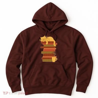Cute Sleepy Cat On Book Stack And Coffee Tea Hoodie