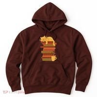 Cute Sleepy Cat On Book Stack And Coffee Tea Hoodie thumb 0