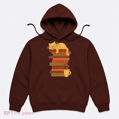 Cute Sleepy Cat On Book Stack And Coffee Tea Hoodie