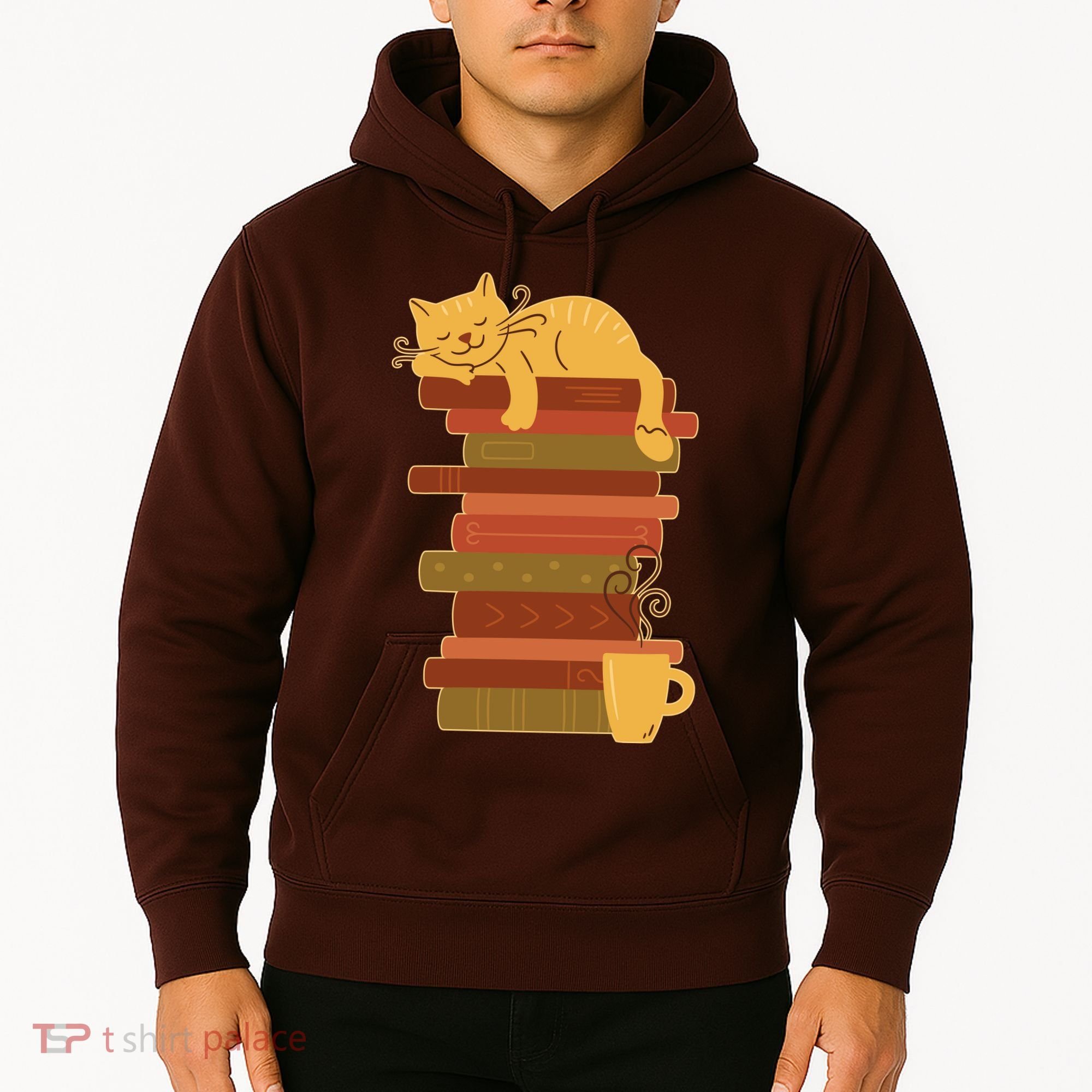 Cute Sleepy Cat On Book Stack And Coffee Tea Hoodie